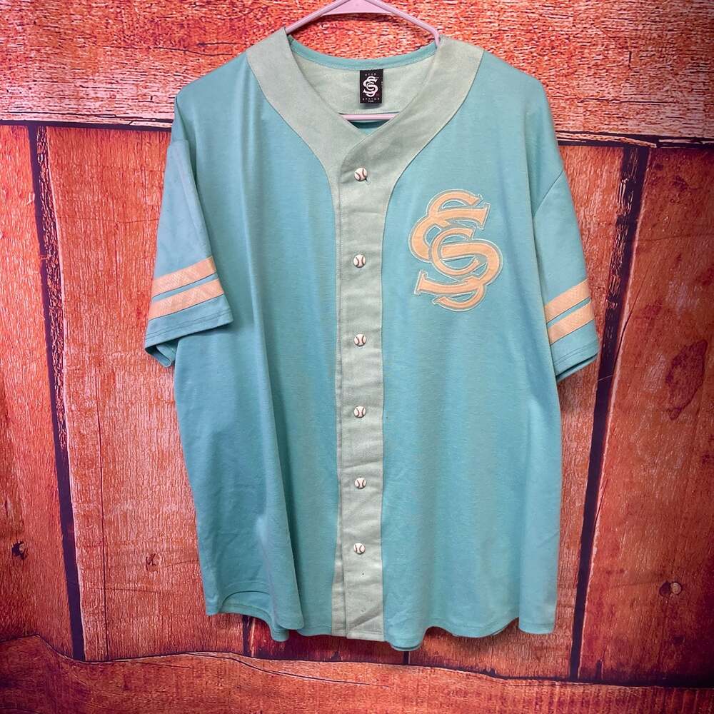 Star Status Club Teal and Sage Button-Down Baseball Jersey 3XL